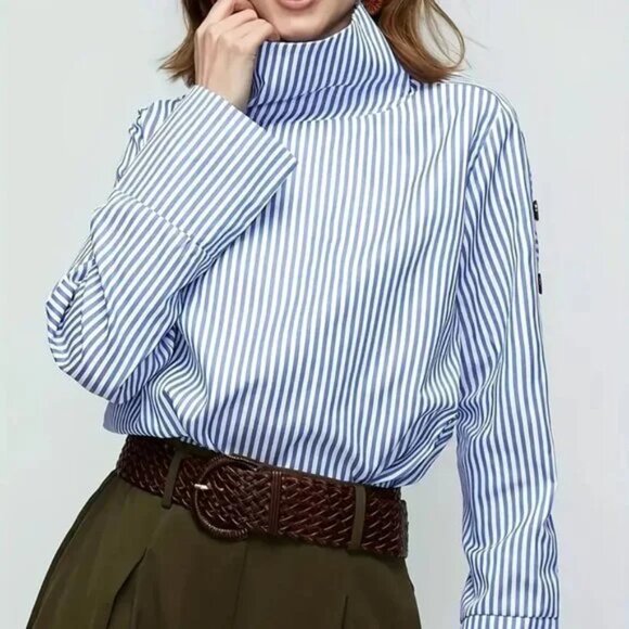 Striped Button Detail Sleeve Turtleneck Blouse - Picture 3 of 4